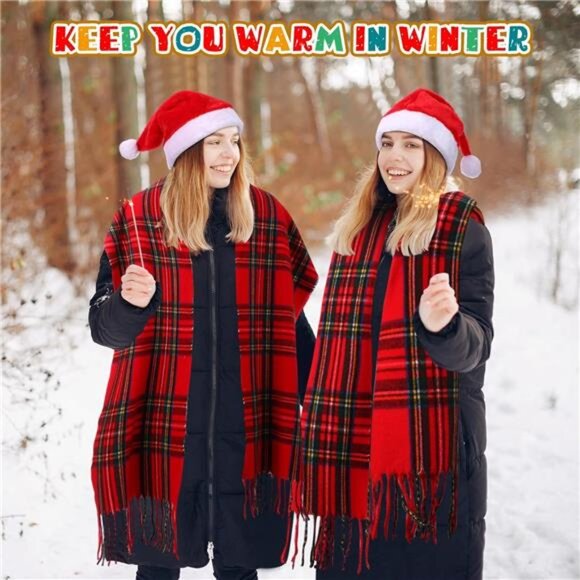 8PCS Christmas Santa Hat & Scarf Set - Buffalo Plaid Velvet Hats - Picture 3 of 8